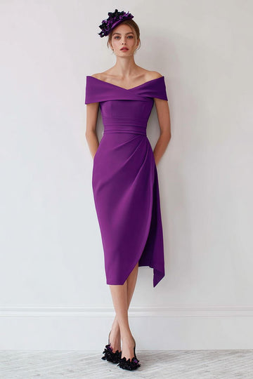 Off The Shoulder Grape Pencil Midi Mother Of The Bride Dress With Slit